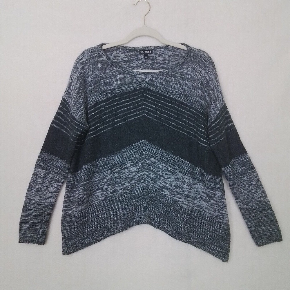 Express Wool Blend Oversized Knit Sweater Asymmetrical Hem Size XS Gray‎ Stripes